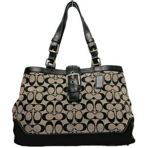 Coach Hampton Signature C  Jacquard  Leather Shoulder  Handbag Gray/black